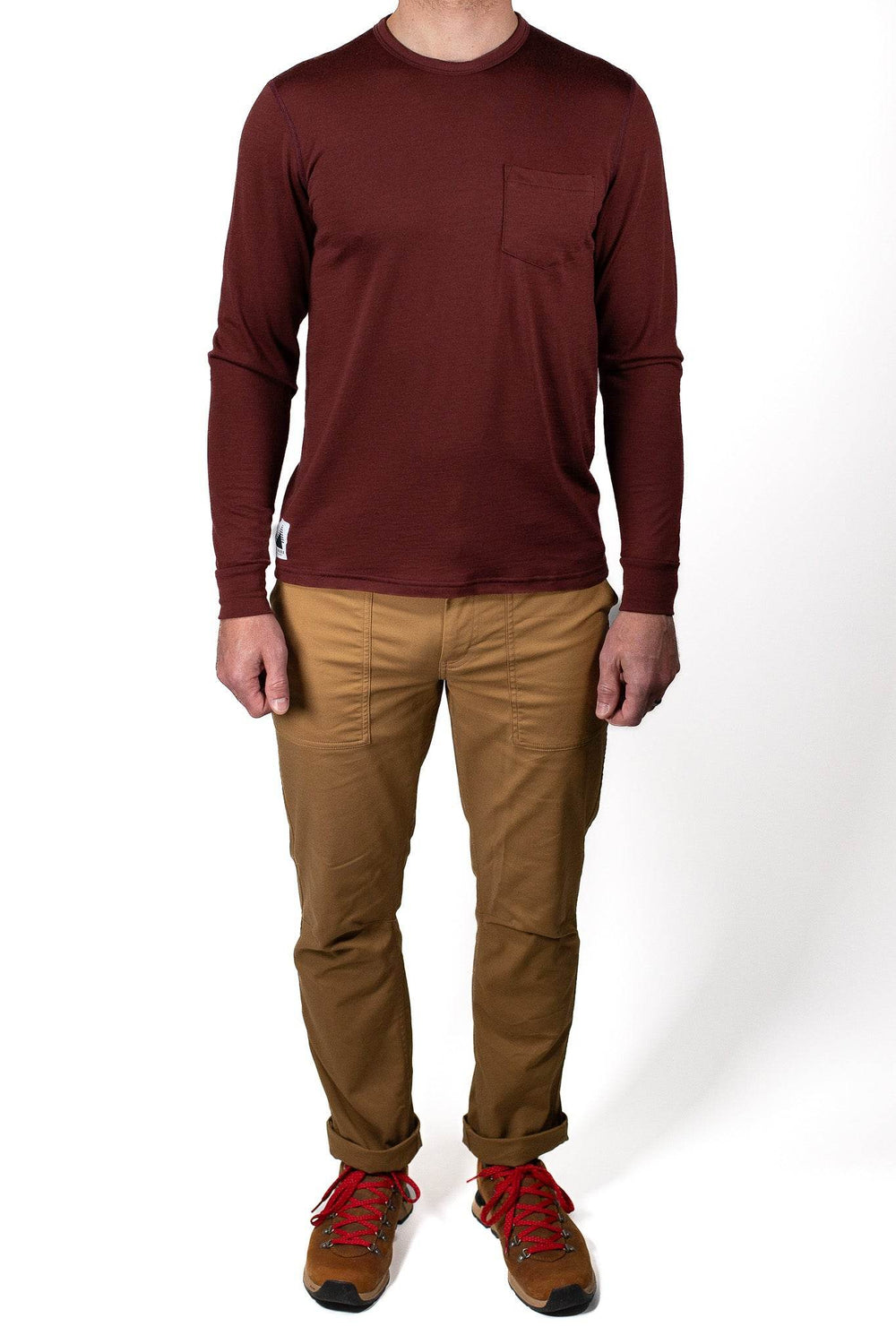 Every-Season Long Sleeve Merino Wool Pocket Tee - Brick Red