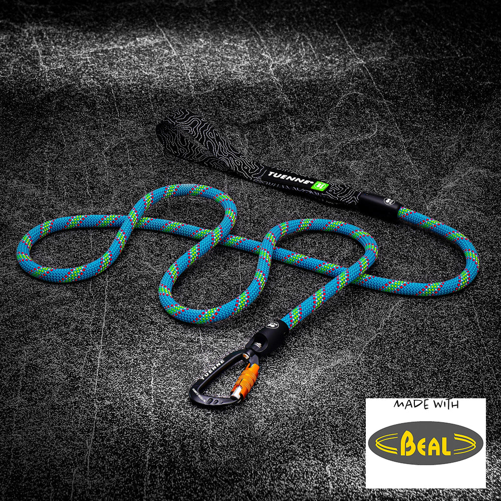 Rope Dog Leash with Auto-Locking Carabiner – 9.5mm Beal Dynamic | Blue-Green Stripe | Tuenne